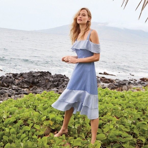 J.Crew Collection Stripe Silk Dress Blue Cold Shoulder Midi Layer Hem Med 10 M - Picture 1 of 12
